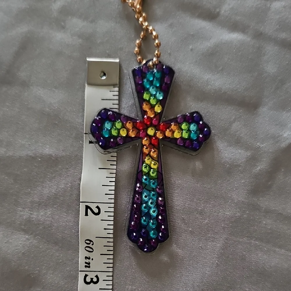 Colorful Rhinestone Cross Keychain with Gold Chain